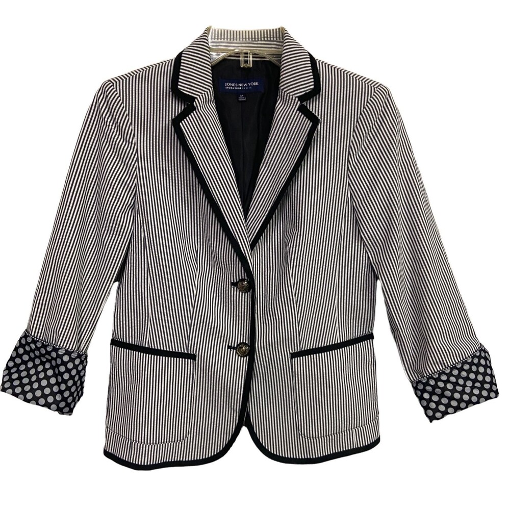 Jones New York Blazer womens Size 4P Petite Seersucker Signature Striped Cuffed